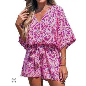 CUPSHE Pink Purple  Print Kimono Sleeve Romper V-Neck